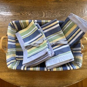 Handmade striped table setting and matching woven basket
